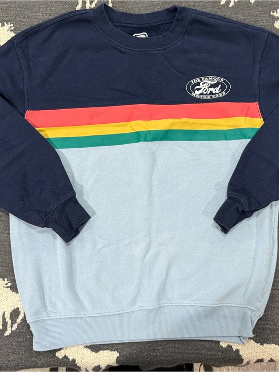 Other - Ford Navy & Light Blue Colorblock Crewneck Sweater with Rainbow Stripes